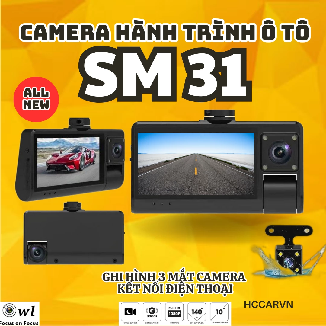 Camera hành trình ghi hình 3 mắt SM31, có kết nối điện thoại, tích hợp camera lùi và hồng ngoại quay trong xe...