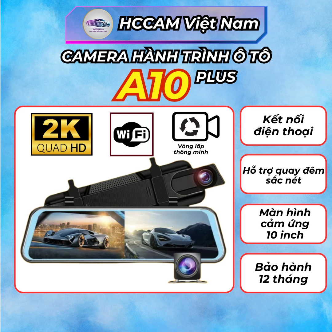 Camera hành trình A10 Plus WI-Fi, ghi hình vòng lặp thông minh 2 kênh trước sau, hỗ trợ vạch kẻ vùi xe, gắn gương tiện lợi, kết nối điện thoại trích xuất file nhanh chóng...