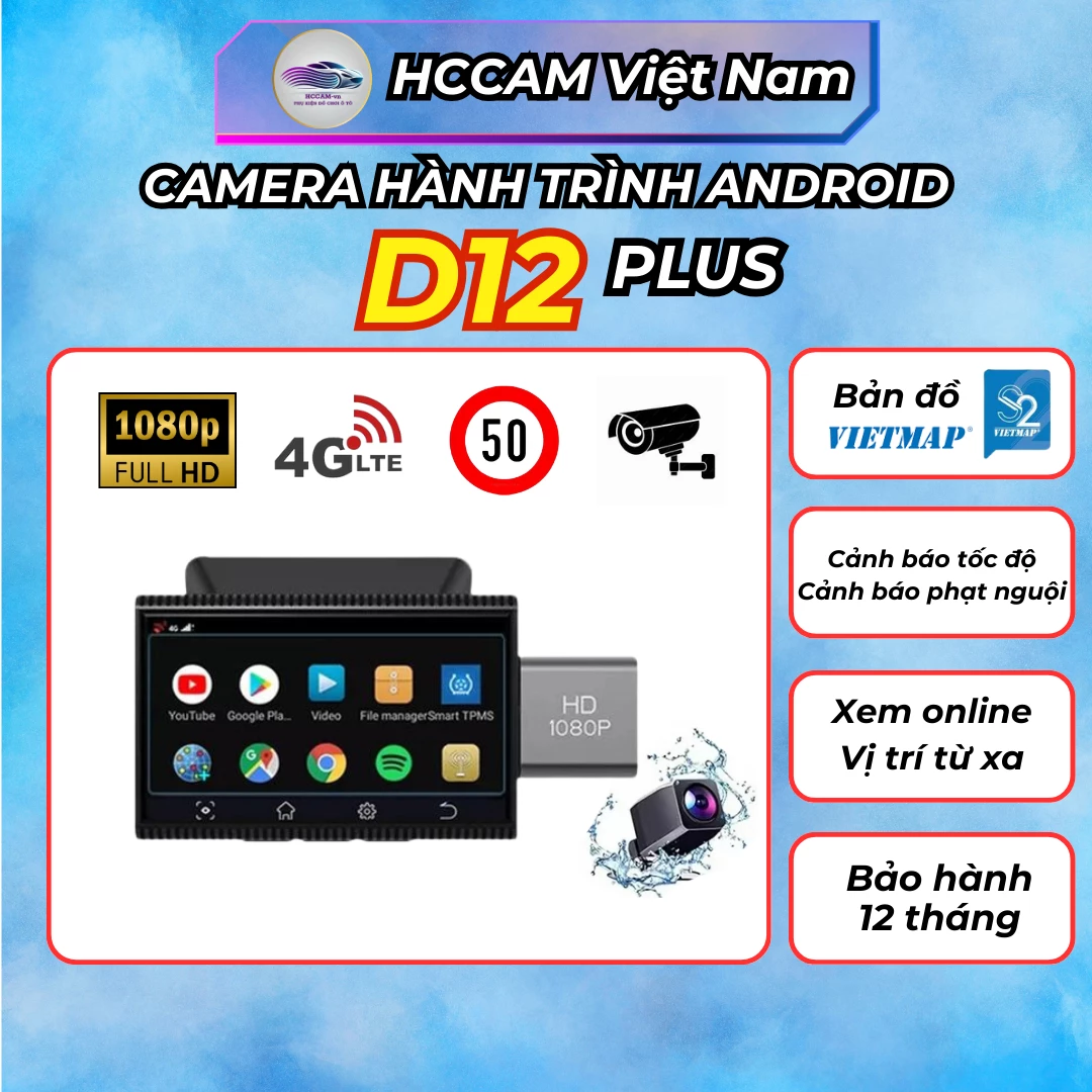 Camera hành trình Android D12 4g, Cảnh báo tốc độ, cảnh báo phạt nguội, xem xe online, giải trí online