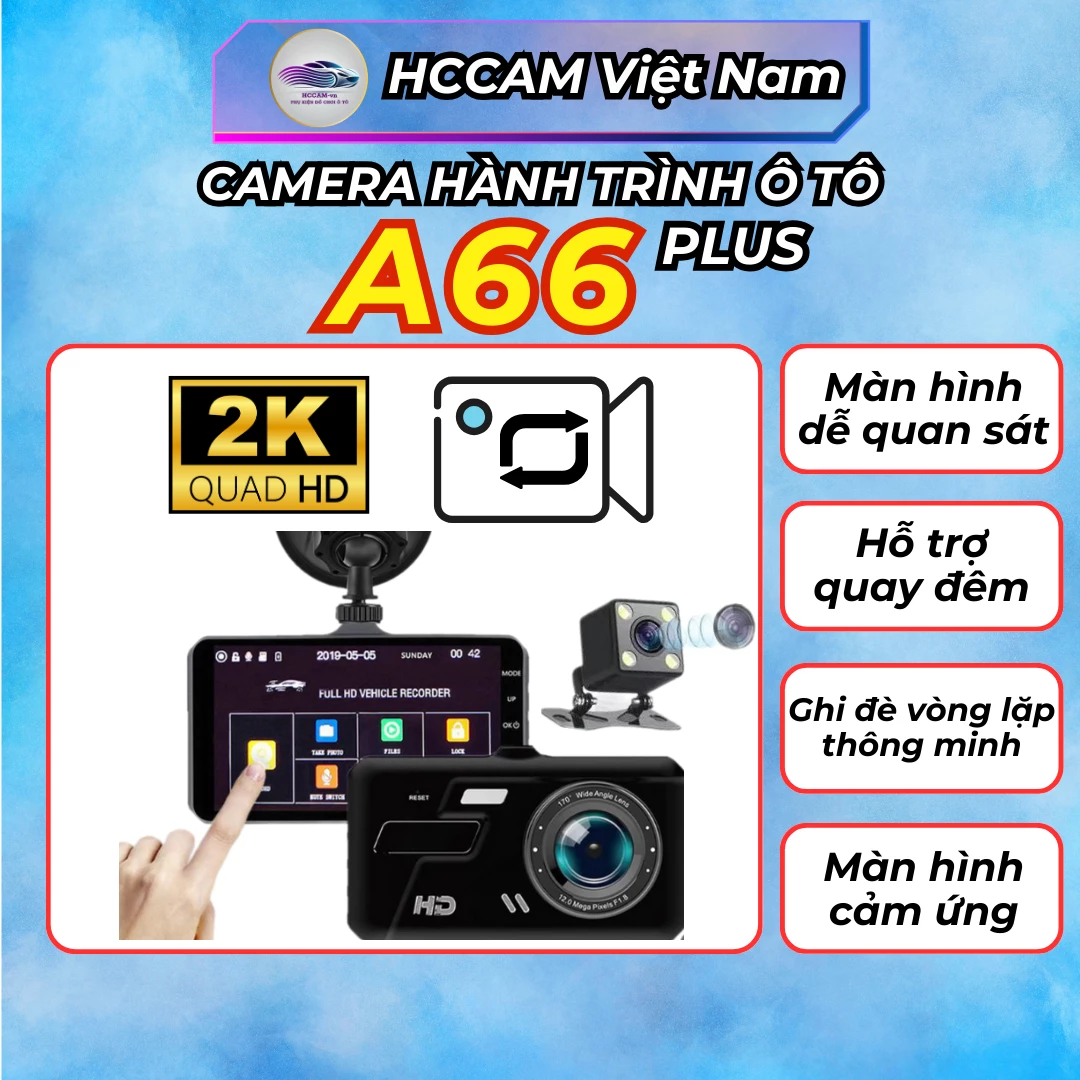 Camera hành trình A66 Plus, ghi hình 2 mắt cam trước sau 1296P + 720P, màn hình cảm ứng 4inch, ghi hình vòng lặp thông minh...