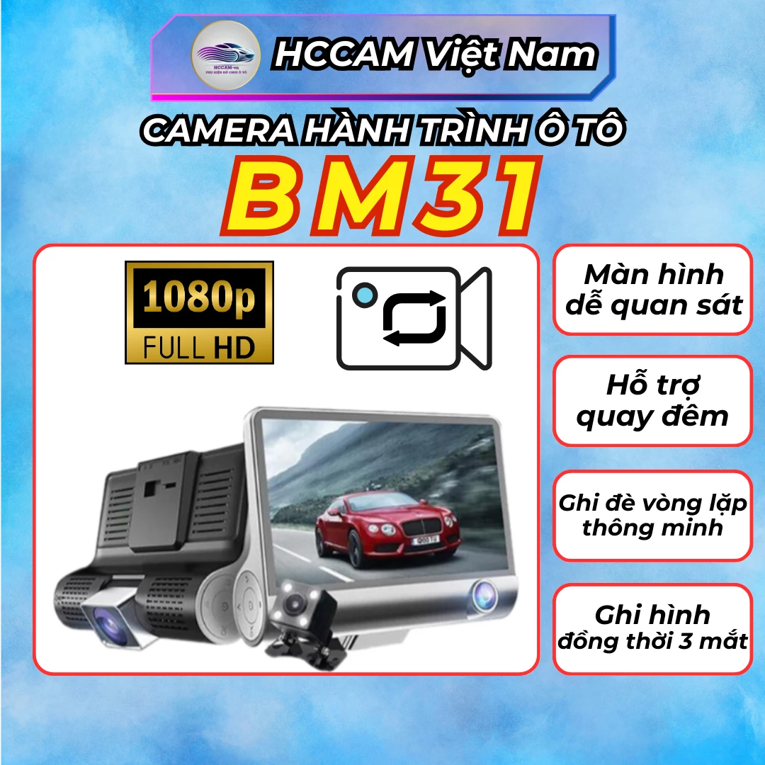 Camera hành trình BM31, ghi hình đồng thời 3 mắt cam, có chế độ vạch kẻ lùi, giao diện tiếng việt dễ sử dụng, ghi đè vòng lặp thông minh