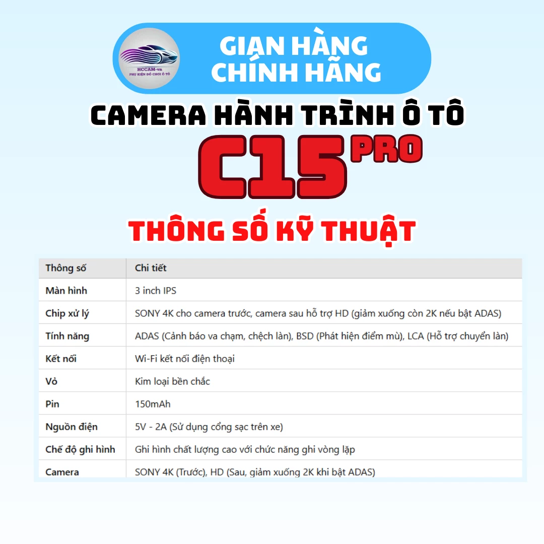 Camera hành trình C15 pro ghi hình 2 kênh chất lượng 4k+1080P, ADAS, BSD, LCA 6