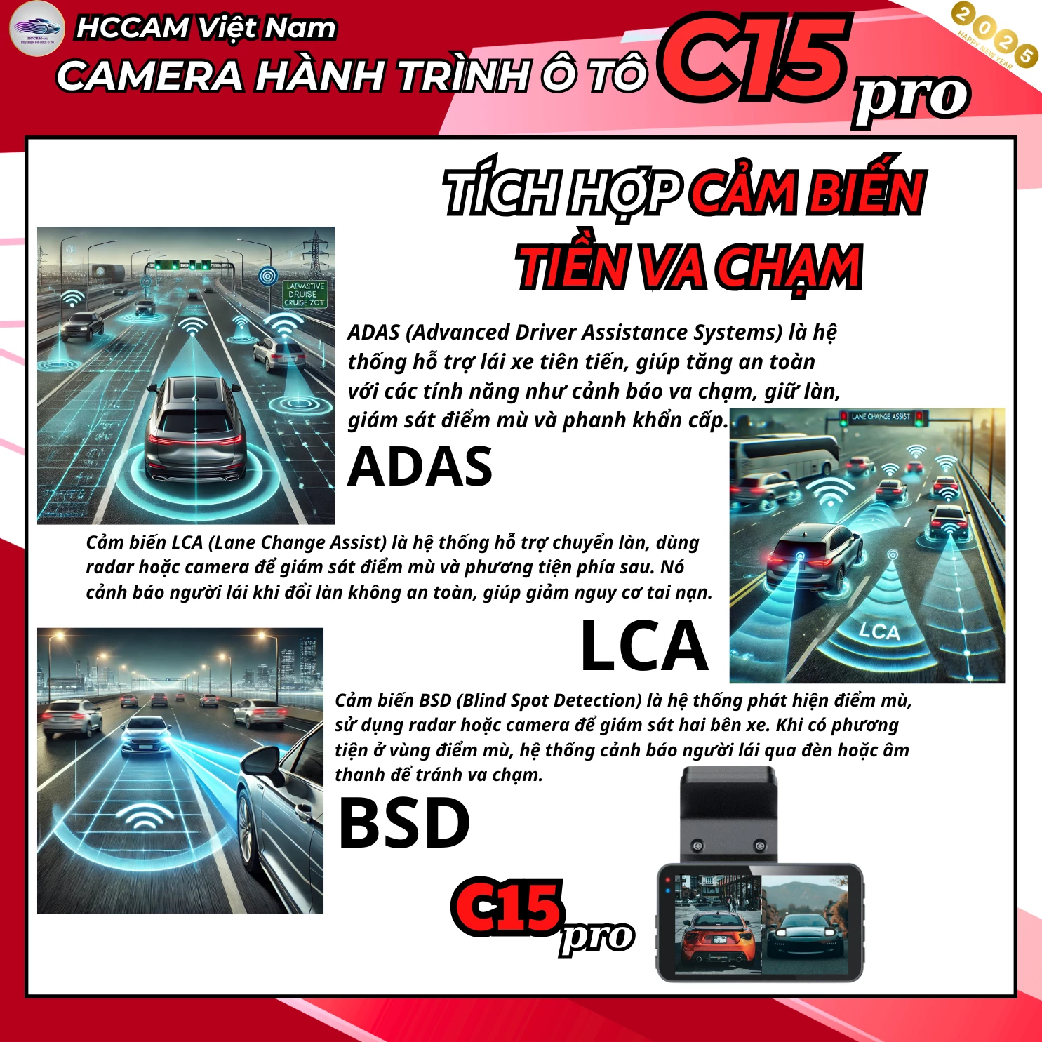 Camera hành trình C15 pro ghi hình 2 kênh chất lượng 4k+1080P, ADAS, BSD, LCA 6