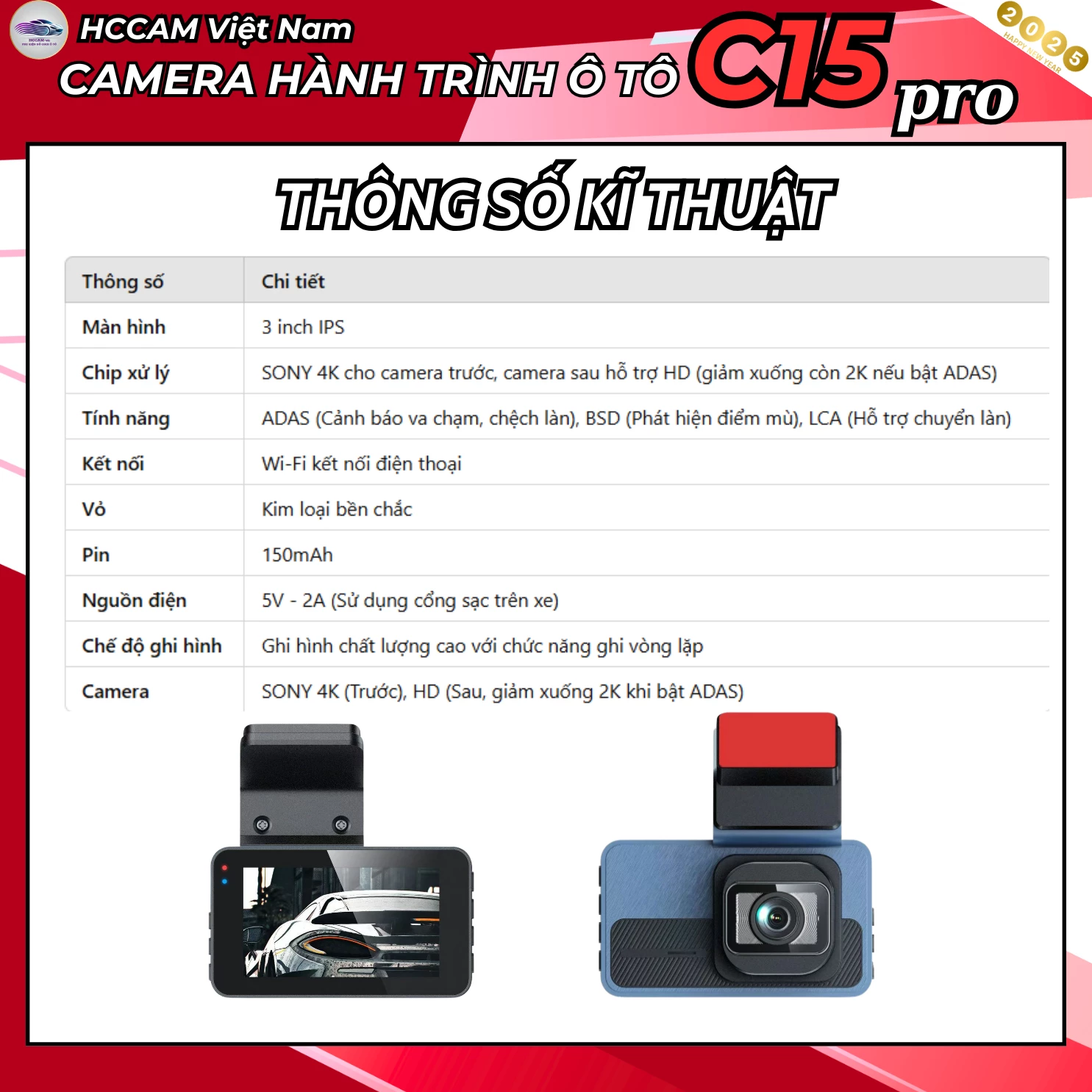Camera hành trình C15 pro ghi hình 2 kênh chất lượng 4k+1080P, ADAS, BSD, LCA 8