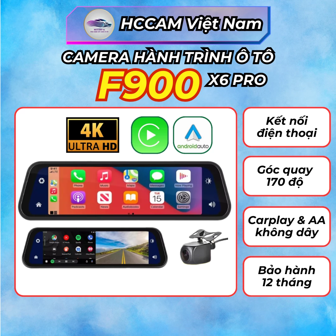 Camera hành trình gắn gương HCCam F900 Pro ghi hình đồng thời 2 kênh, kết nối carplay, android auto không dây...