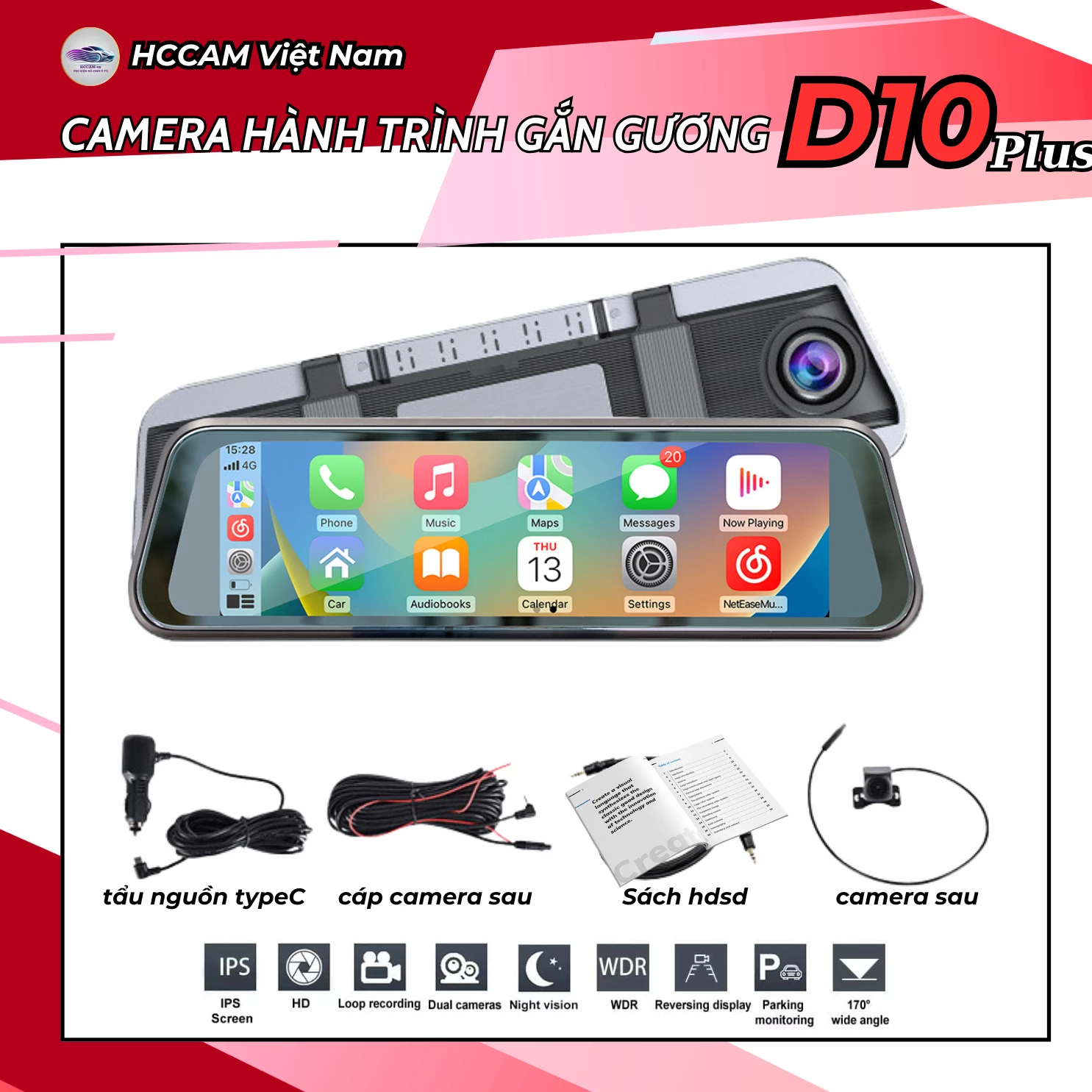 Camera hành trình gắn gương HCCam D10plus Carplay - ghi hình đồng thời 2 kênh, kết nối carplay, android auto không dây... 6