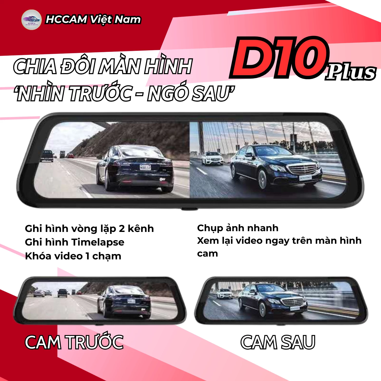 Camera hành trình gắn gương HCCam D10plus Carplay - ghi hình đồng thời 2 kênh, kết nối carplay, android auto không dây... 2