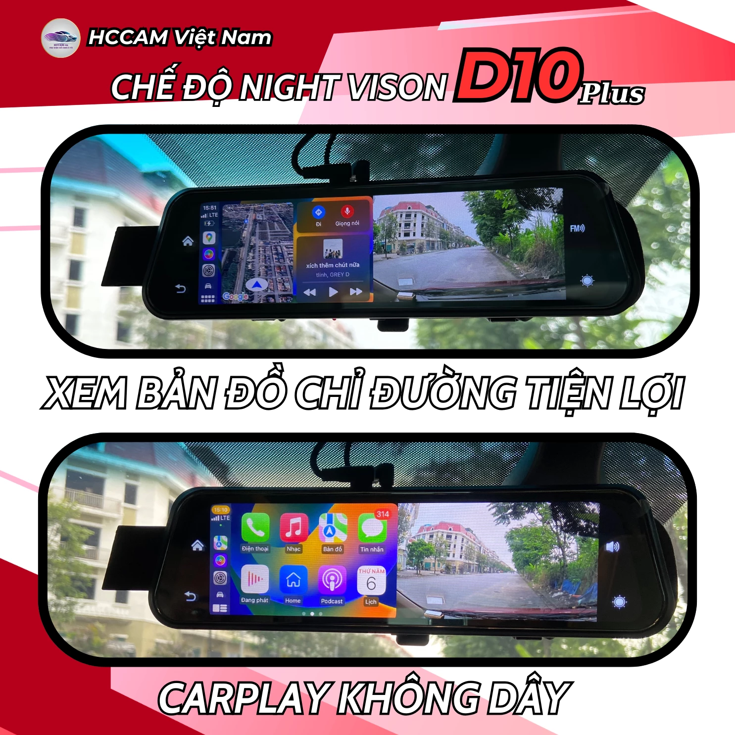 Camera hành trình gắn gương HCCam D10plus Carplay - ghi hình đồng thời 2 kênh, kết nối carplay, android auto không dây... 3