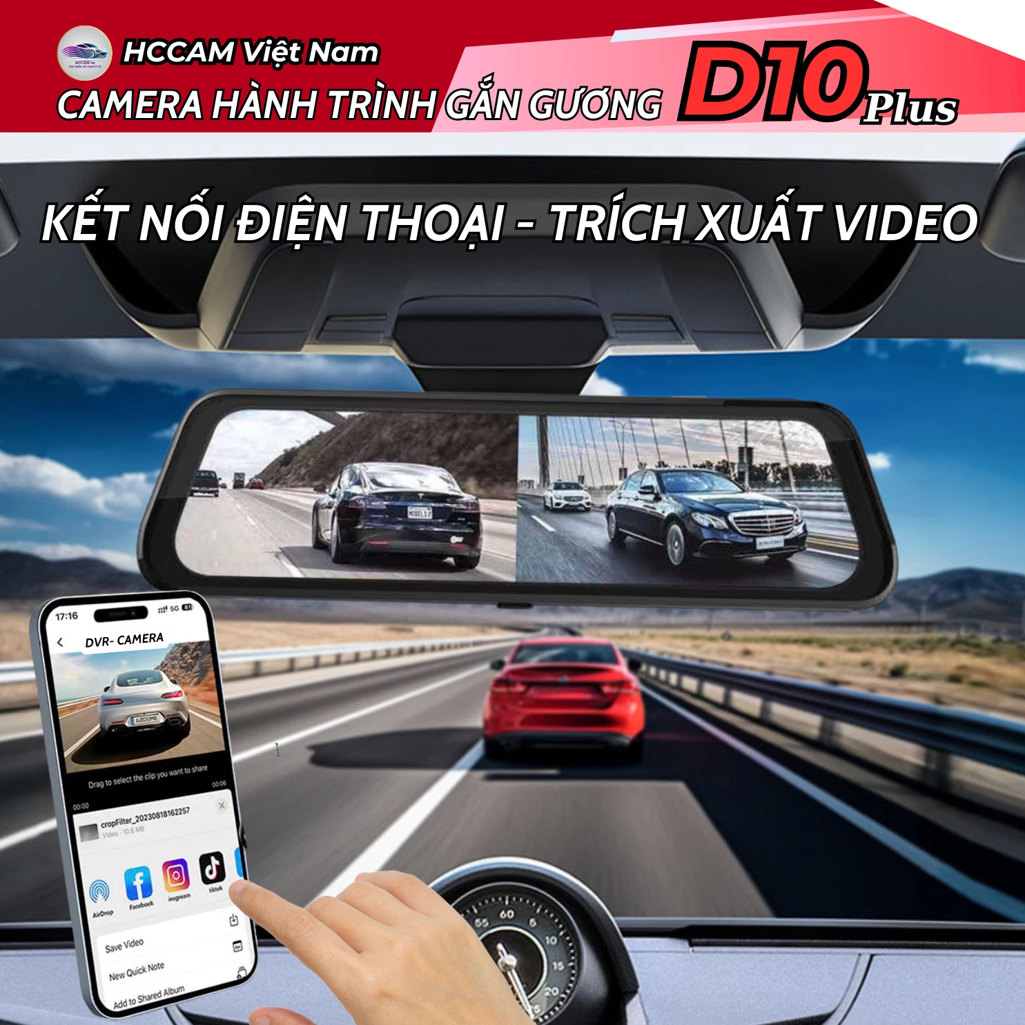 Camera hành trình gắn gương HCCam D10plus Carplay - ghi hình đồng thời 2 kênh, kết nối carplay, android auto không dây... 4