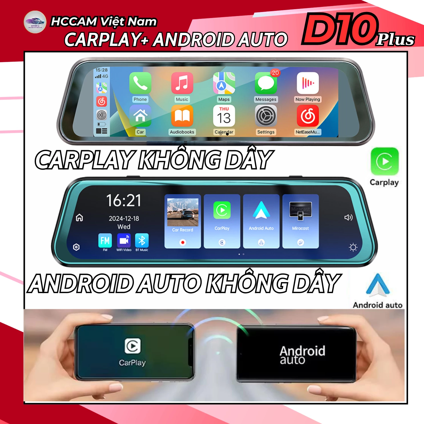 Camera hành trình gắn gương HCCam D10plus Carplay - ghi hình đồng thời 2 kênh, kết nối carplay, android auto không dây... 5