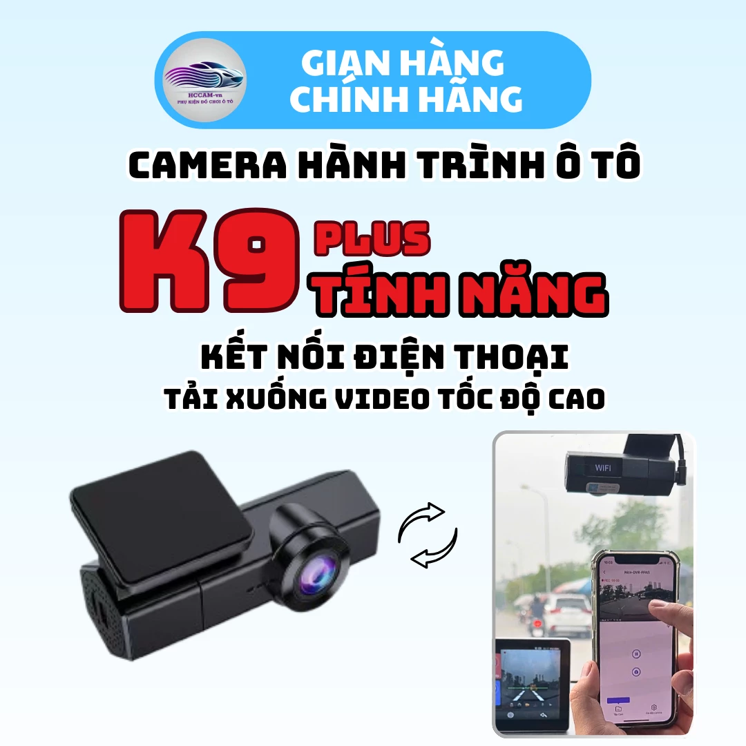 Camera hành trình K9 plus, ghi hình FULLHD 1080P, kết nối điện thoại xoay 360 độ quay trước hoăc trong xe. 1