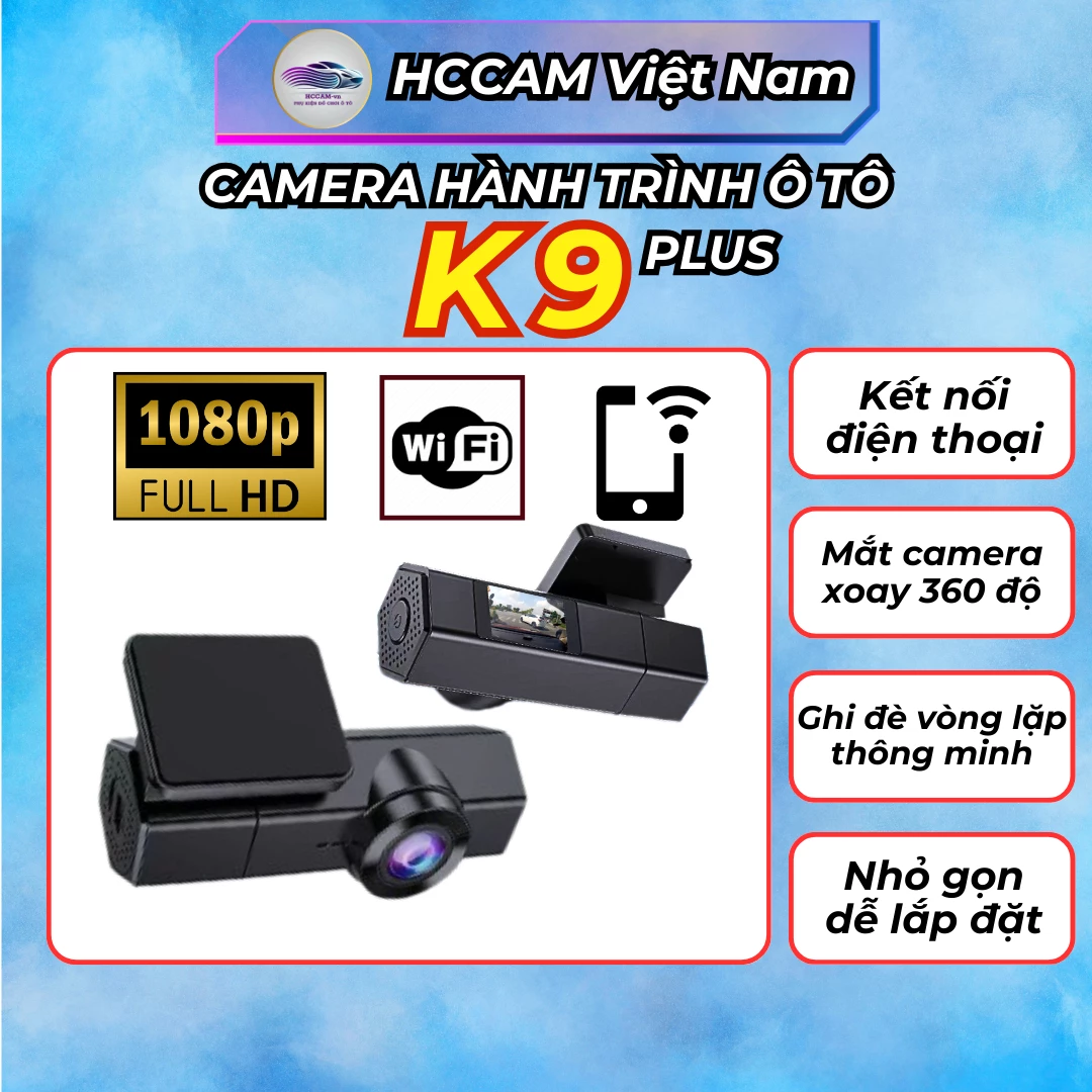 Camera hành trình K9 plus, ghi hình FULLHD 1080P, kết nối điện thoại xoay 360 độ quay trước hoăc trong xe.