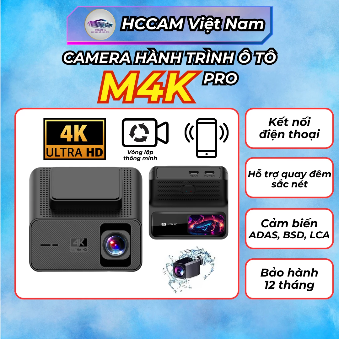 M4K Pro - Camera Hành Trình 4K + 1080p Ghi Hình Toàn Diện Trước Sau, Kết Nối Điện Thoại Hiện Đại, Ghi hình vòng lặp thông minh.