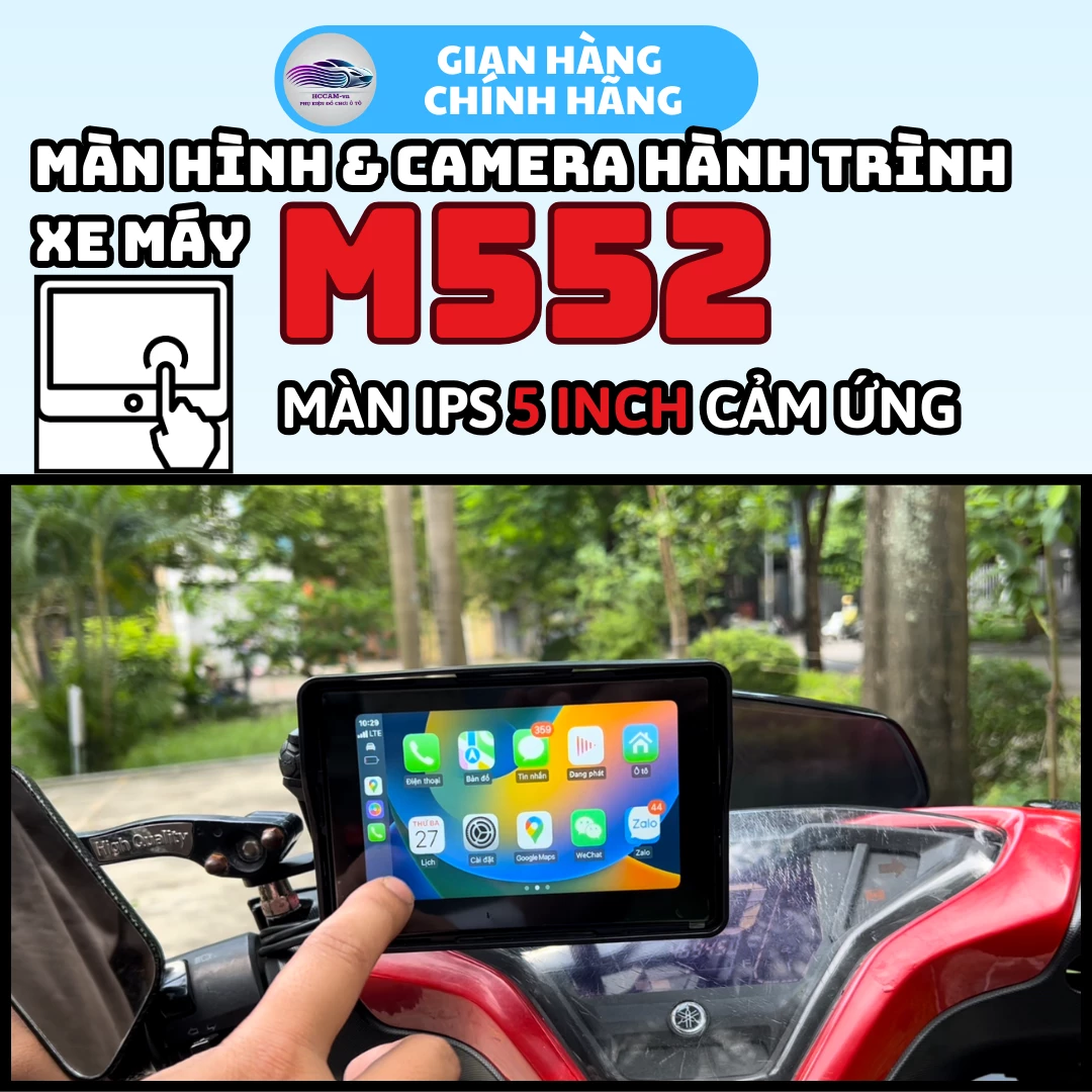 Camera hành trình kiêm màn hình xe máy M552 Full HD 1080, Kết nối CarPlay và Android Auto, Chống nước IP67, Hỗ trợ Bản đồ chỉ đường qua kết nối điện thoại và Ghi hình vòng lặp 1