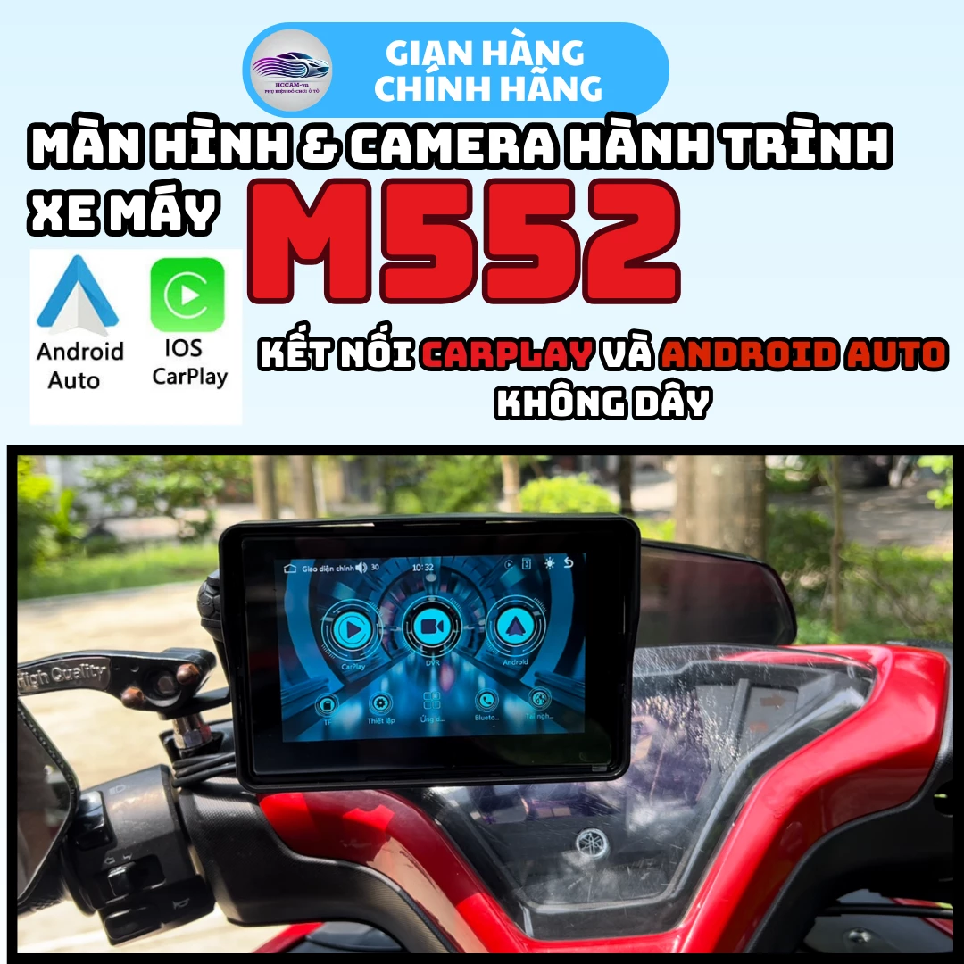 Camera hành trình kiêm màn hình xe máy M552 Full HD 1080, Kết nối CarPlay và Android Auto, Chống nước IP67, Hỗ trợ Bản đồ chỉ đường qua kết nối điện thoại và Ghi hình vòng lặp 3