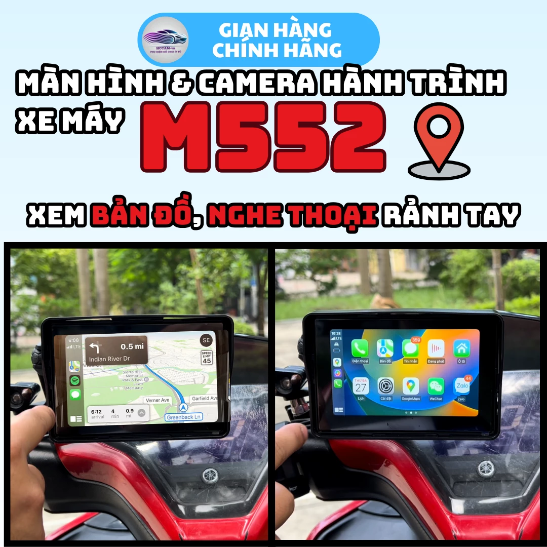 Camera hành trình kiêm màn hình xe máy M552 Full HD 1080, Kết nối CarPlay và Android Auto, Chống nước IP67, Hỗ trợ Bản đồ chỉ đường qua kết nối điện thoại và Ghi hình vòng lặp 5