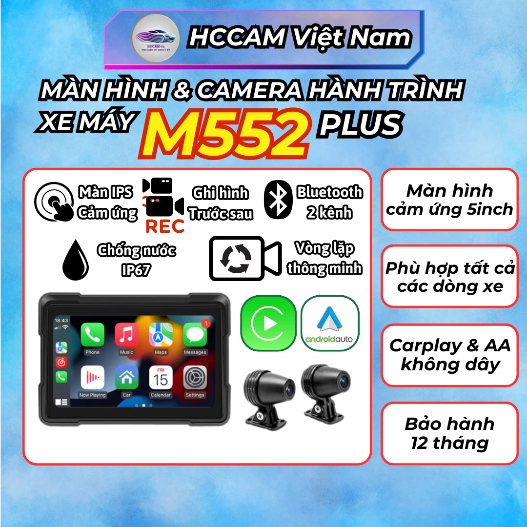 Camera hành trình kiêm màn hình xe máy M552 Full HD 1080, Kết nối CarPlay và Android Auto, Chống nước IP67, Hỗ trợ Bản đồ chỉ đường qua kết nối điện thoại và Ghi hình vòng lặp