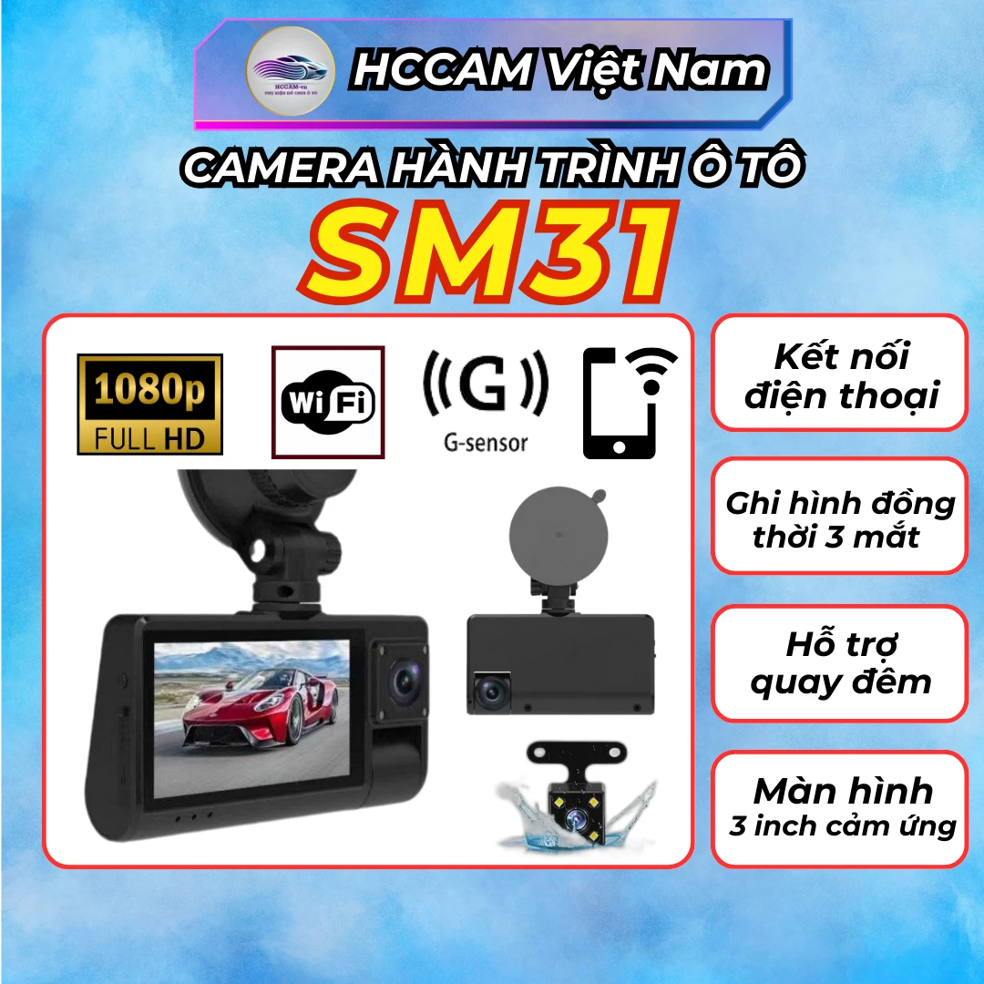 Camera hành trình ghi hình 3 mắt SM31, có kết nối điện thoại, tích hợp camera lùi và hồng ngoại quay trong xe...