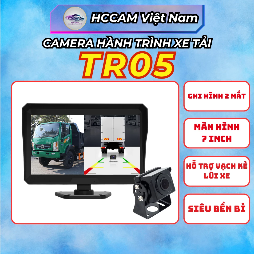 TR05-Camera hành trình kiêm màn hình hỗ trợ lùi xe tải, Ghi hình vòng lặp 2 mắt quay trước sau...