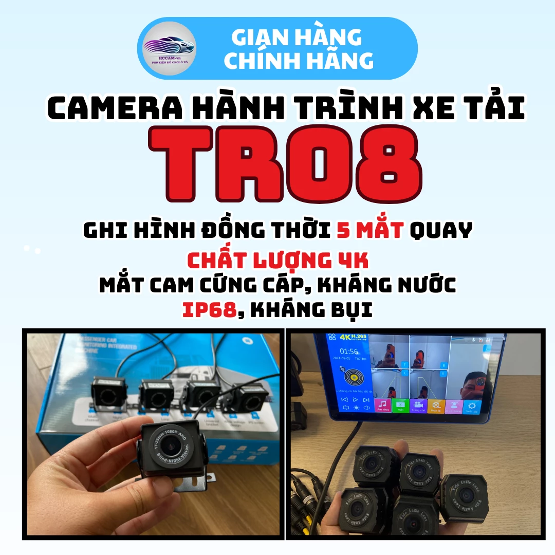 Camera xe tải 5 mắt cam TR08, hỗ trợ vạch kẻ lùi, góc cam rộng, 4k sắc nét, cảm biến va chạm, nghe nhạc USB 1