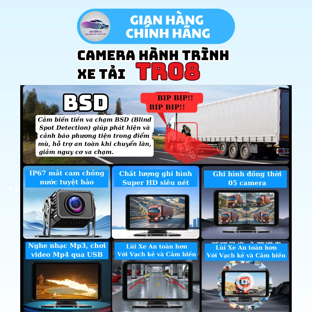 Camera xe tải 5 mắt cam TR08, hỗ trợ vạch kẻ lùi, góc cam rộng, 4k sắc nét, cảm biến va chạm, nghe nhạc USB 2