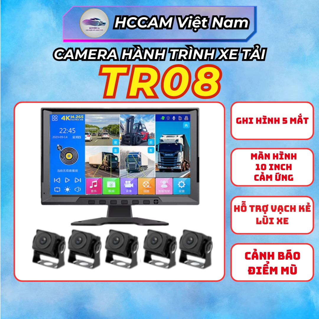 Camera xe tải 5 mắt cam TR08, hỗ trợ vạch kẻ lùi, góc cam rộng, 4k sắc nét, cảm biến va chạm, nghe nhạc USB