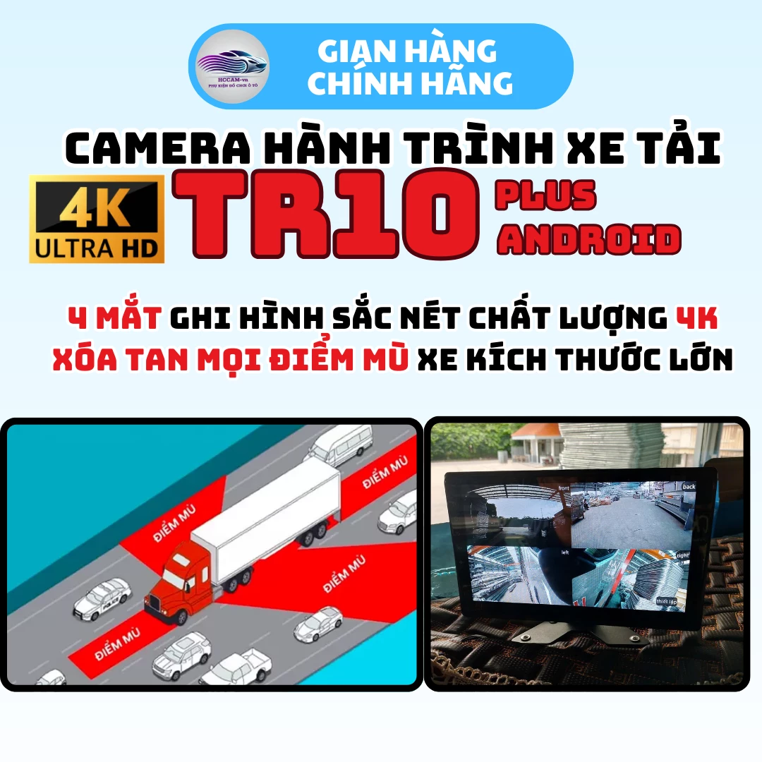 Camera hành trình xe tải TR10 Plus, ghi hình 4 mắt với màn cảm ứng 10inch, xem phim, nghe nhạc, hỗ trợ vạch kẻ lùi xe 1