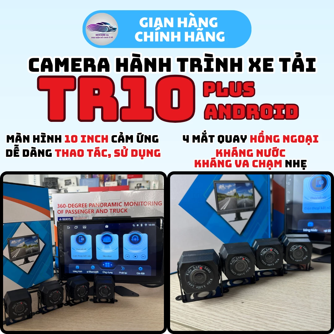 Camera hành trình xe tải TR10 Plus, ghi hình 4 mắt với màn cảm ứng 10inch, xem phim, nghe nhạc, hỗ trợ vạch kẻ lùi xe 4