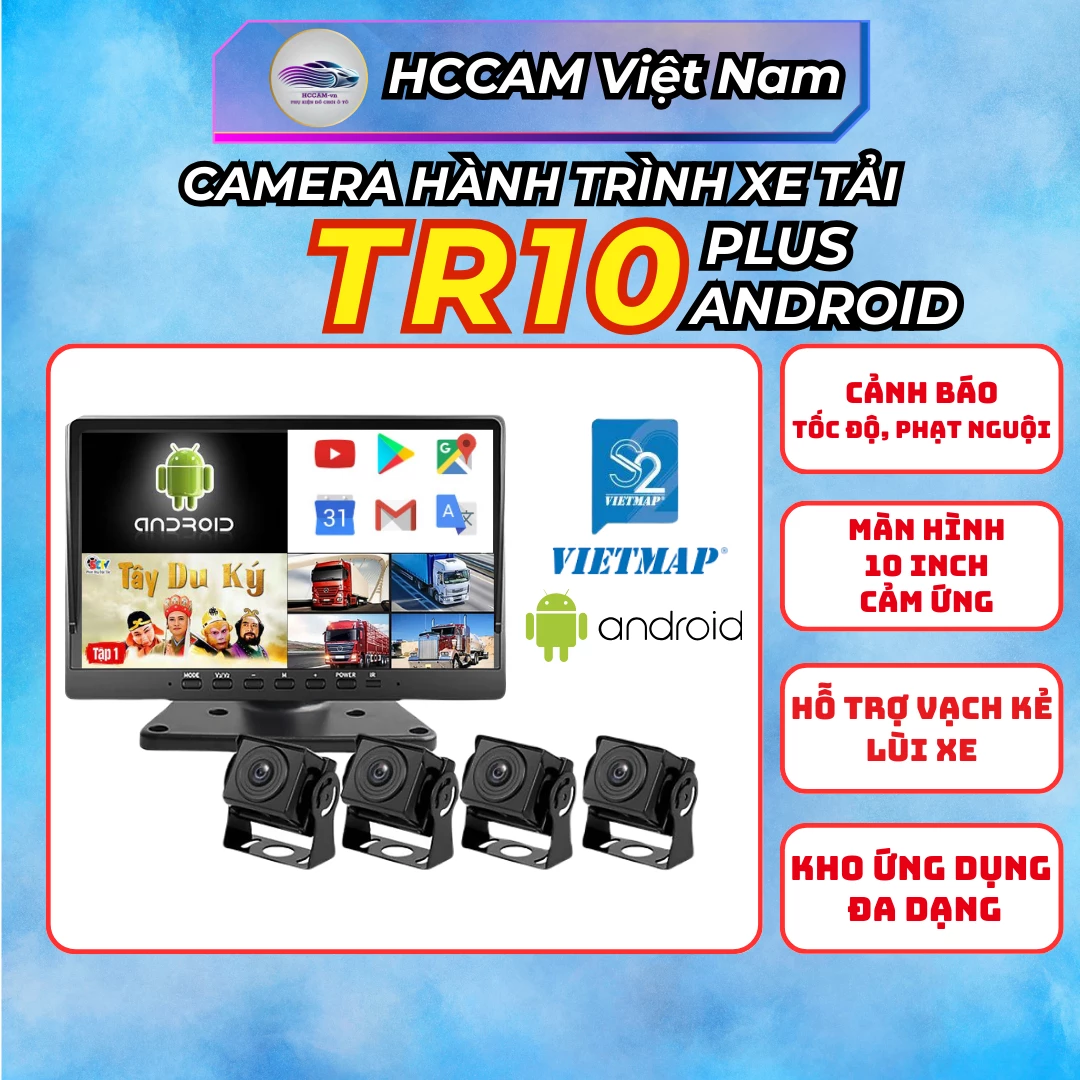 Camera hành trình xe tải TR10 Plus, ghi hình 4 mắt với màn cảm ứng 10inch, xem phim, nghe nhạc, hỗ trợ vạch kẻ lùi xe