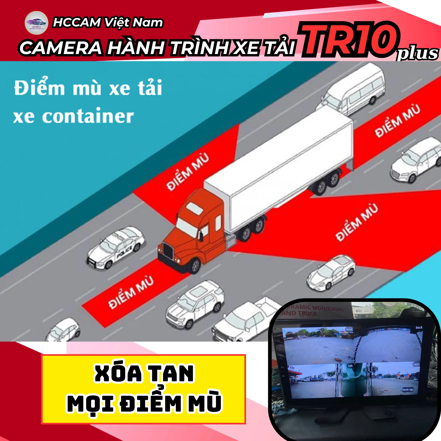 Camera hành trình xe tải TR10 Plus, ghi hình 4 mắt với màn cảm ứng 10inch, xem phim, nghe nhạc, hỗ trợ vạch kẻ lùi xe 1