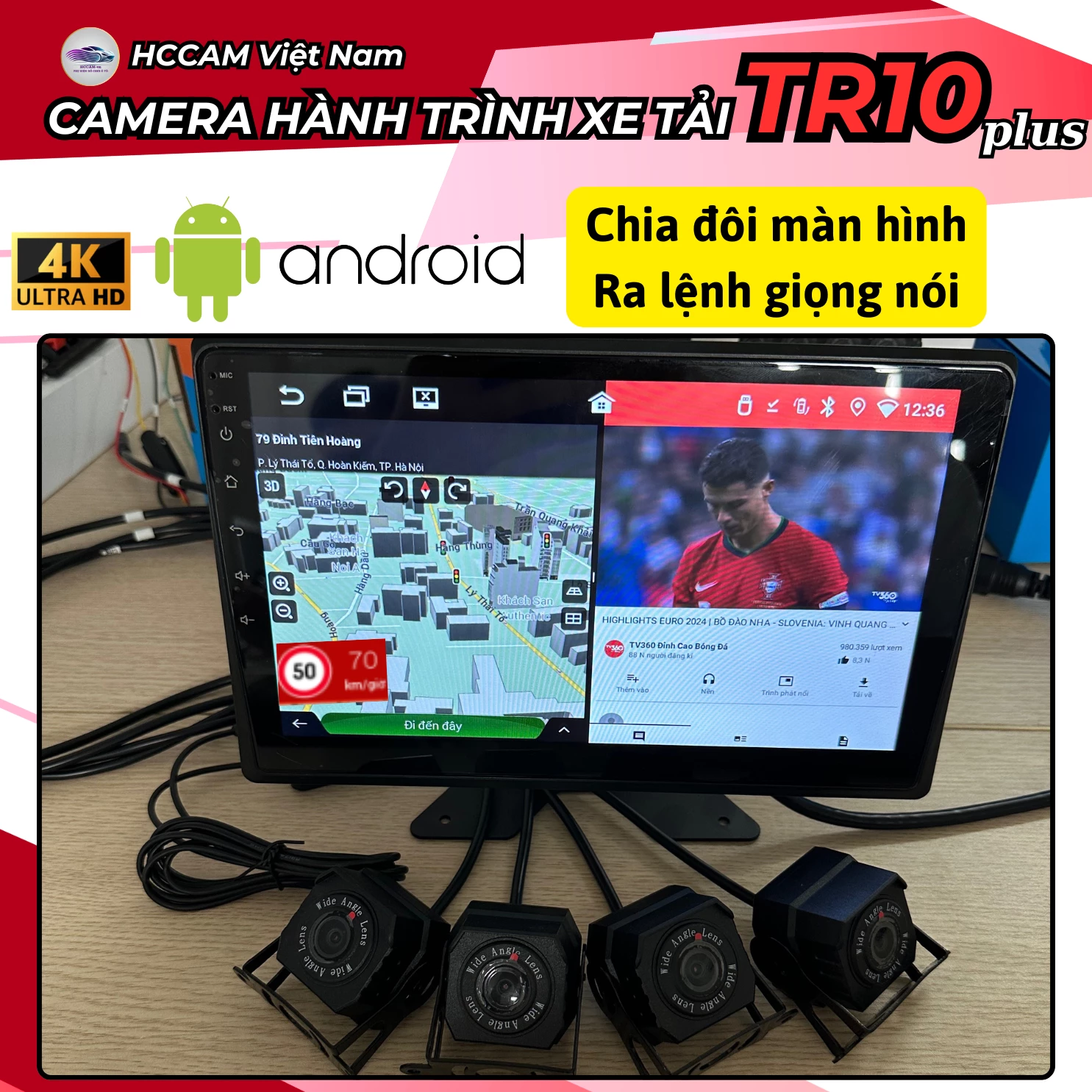 Camera hành trình xe tải TR10 Plus, ghi hình 4 mắt với màn cảm ứng 10inch, xem phim, nghe nhạc, hỗ trợ vạch kẻ lùi xe 3
