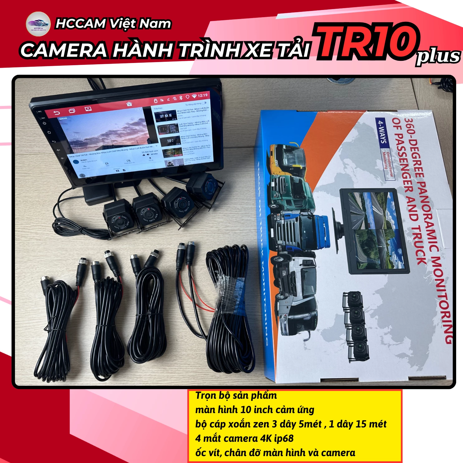 Camera hành trình xe tải TR10 Plus, ghi hình 4 mắt với màn cảm ứng 10inch, xem phim, nghe nhạc, hỗ trợ vạch kẻ lùi xe 4