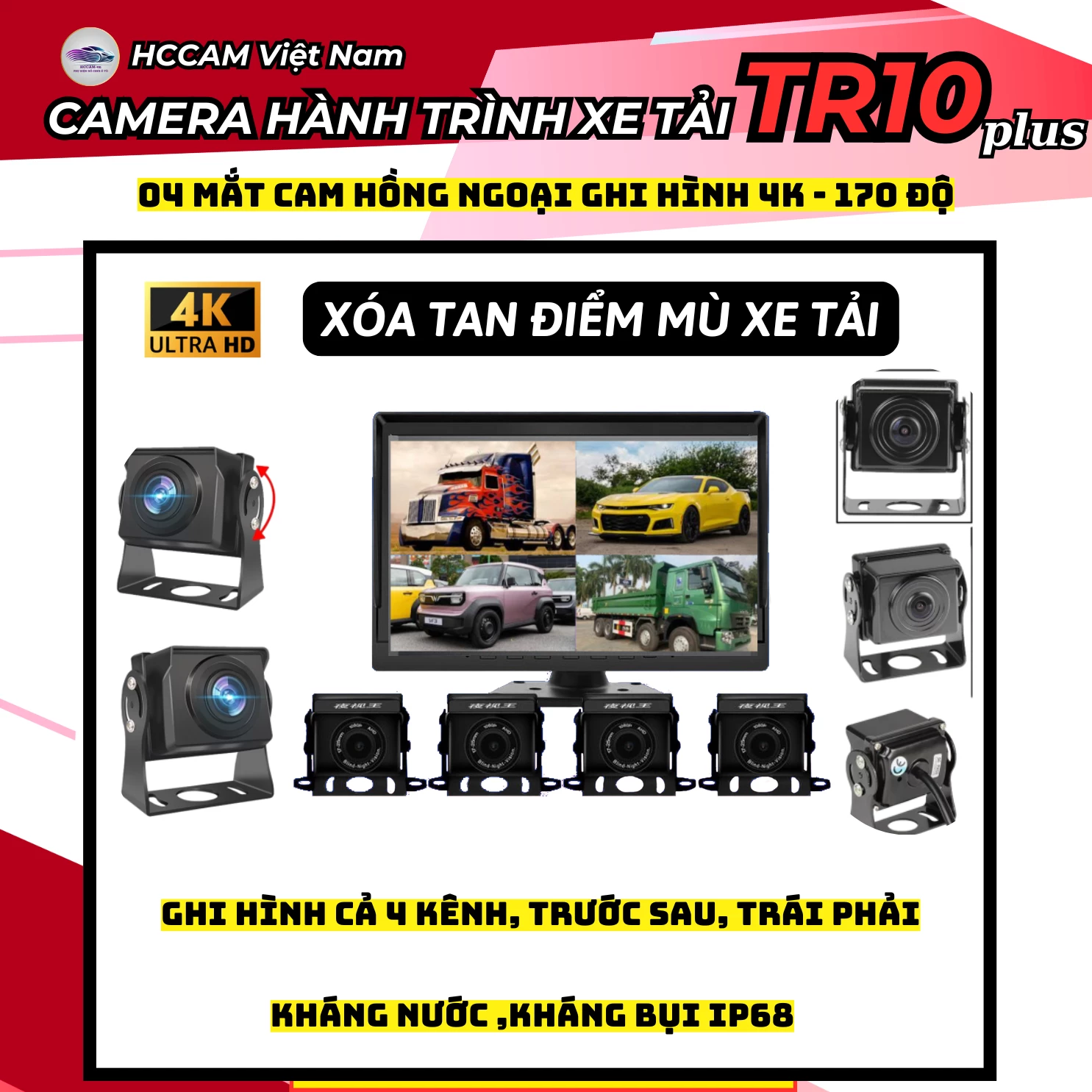 Camera hành trình xe tải TR10 Plus, ghi hình 4 mắt với màn cảm ứng 10inch, xem phim, nghe nhạc, hỗ trợ vạch kẻ lùi xe 7