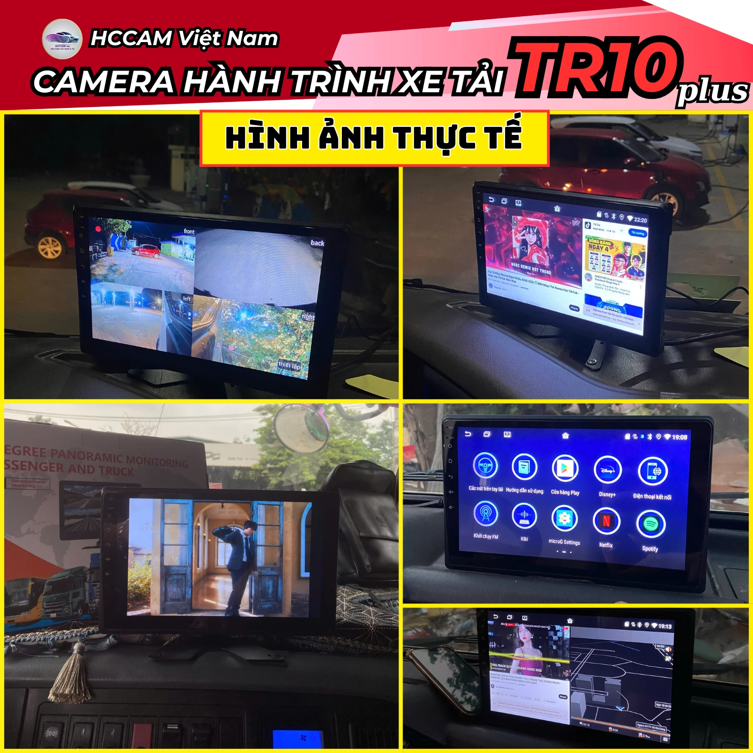 Camera hành trình xe tải TR10 Plus, ghi hình 4 mắt với màn cảm ứng 10inch, xem phim, nghe nhạc, hỗ trợ vạch kẻ lùi xe 8